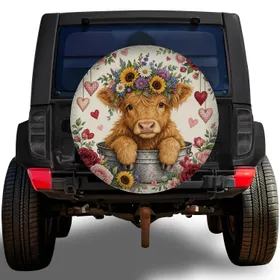 Highland Calf With Sunflowers And Floral Hearts For Valentine RV Camping Lovers Gift Spare Tire Cover