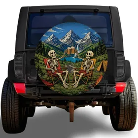 Cheerful Skeleton Campfire Beer Toast Mountain Scene For RV Camping Adventures Gift Spare Tire Cover