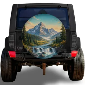 Alpine Mountain River Waterfall Landscape For Camping RV SUV Truck Adventure Travel Spare Tire Cover