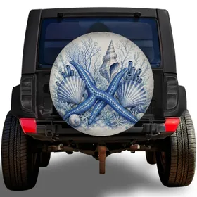 Blue Starfish Coral Shell Coastal Nautical Beach Travel Style For RV Camper Adventures Spare Tire Cover