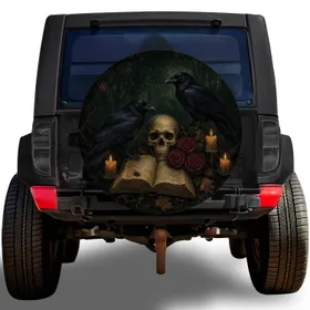 Gothic Raven Skull Roses And Candlelit Book For Dark Academia Camping Travel Style Spare Tire Cover