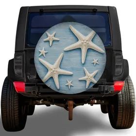 White Starfish Coastal Blue Wood Beach Vibes For RV Trailer SUV Travel Adventures Spare Tire Cover