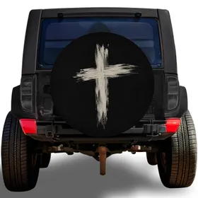 Weathered Ivory Cross for Faith Driven Road Trips and Christian Outdoor Travelers Spare Tire Cover