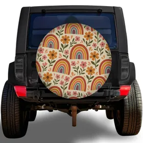 Retro Rainbow Floral Boho Road Trip Style for RV SUV Trailer and Camper Adventures Spare Tire Cover