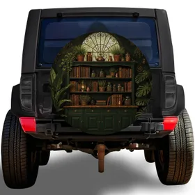 Vintage Green Bookshelf With Arched Window Cozy Reading Nook Decor For Book Lovers Spare Tire Cover