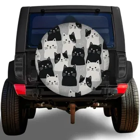 Black And White Cat Faces For Fun Jeep Camping, RV Travel, And Cat Lover Road Trips Spare Tire Cover