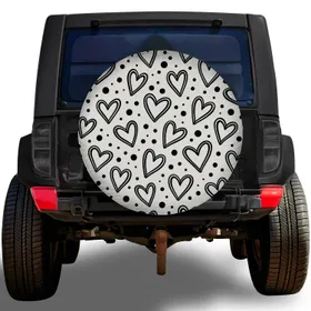 Black And Ivory Heart Doodles And Polka Dots For Romantic Road Trips And Campers Spare Tire Cover