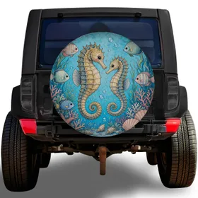 Paired Seahorses Coral Reef Ocean Scene For Coastal RV Camping And Beach Travelers Spare Tire Cover