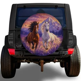 Horses In Lavender Meadow Sunset For RV Road Trips And Equestrian Travel Adventure Spare Tire Cover