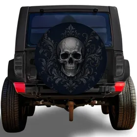 Gothic Skull Baroque Damask For Dark Romantic Road Trips And Halloween Travel Campers Spare Tire Cover
