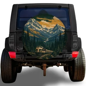 Vintage Alpine Mountain Train Forest Scene for Camping RV and Overland Travel Lovers Spare Tire Cover