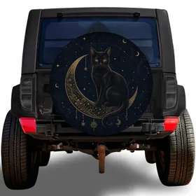 Golden-Eyed Black Cat And Crescent Moon Celestial Night Art For Gothic SUV Drivers Spare Tire Cover