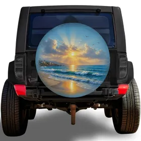 Golden Ocean Beach Sunset With Rolling Waves For Coastal Road Trip Adventure Lovers Spare Tire Cover
