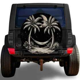 Moonlit Palm Tree Hammock Island For Beach Camping And Tropical Adventure Lovers Spare Tire Cover