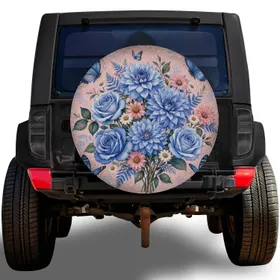 Blue Dahlia Rose Bouquet With Butterflies for Garden Loving RVs, Campers and Trailers Spare Tire Cover