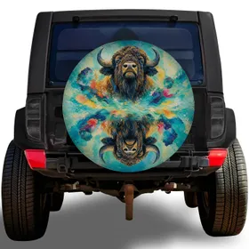 Mirrored Watercolor American Bison Heads for Jeep SUV RV Outdoor Adventure Lovers Spare Tire Cover