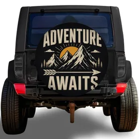 Adventure Awaits Mountain Sunset Arrow For Outdoor Travel Jeep SUV RV Enthusiasts Spare Tire Cover
