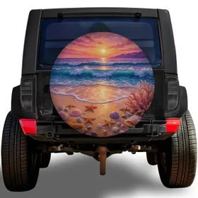 Ocean Sunset Beach Shells And Starfish For Coastal RV Travel Weekend Getaways Spare Tire Cover