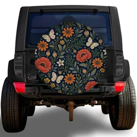 Midnight Navy Wildflower Meadow With Butterflies For Boho Road Trip Adventure Lovers Spare Tire Cover
