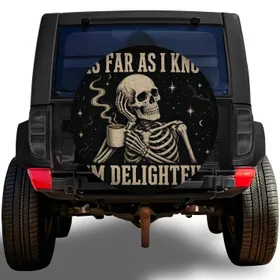 Vintage Skeleton Holding Coffee Mug Quote for RV Camping and Road Trip Humor Lovers Spare Tire Cover