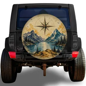 Vintage Compass Mountain Lake Adventure Camping Off-Road Travel Outdoor Enthusiasts Spare Tire Cover