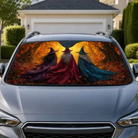 Three Autumn Witches In Enchanted Forest For Halloween Decor And Fall Road Trips Car Sunshade