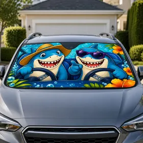 Cartoon Shark Brothers Driving Tropical Vacation Style For Summer Road Trip Car Lovers Car Sunshade