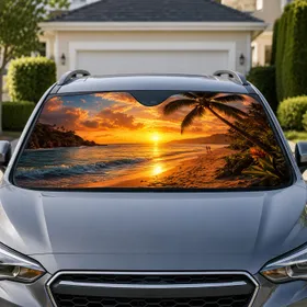 Tropical Beach Sunset Ocean With Palm Tree For Coastal Road Trip Adventure Lovers Car Sunshade