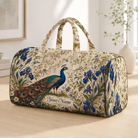 Blue Peacock And Iris Florals For Elegant Getaways, Overnight Travel And Gift Giving Quilted Weekend Bag