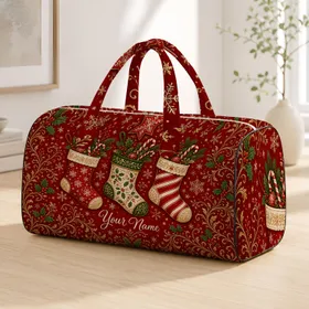 Three Christmas Stockings With Holly For Festive Travel And Seasonal Holiday Gift Giving Quilted Weekend Bag