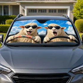 Laughing Sunglasses Sheep Road Trip Scene for Animal Lovers, Commuters And New Drivers Car Sunshade