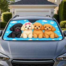 Four Cute Poodle Puppies And Paw Prints For Dog Lovers' Cheerful Daily Commutes Car Sunshade