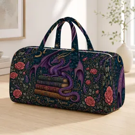 Purple Dragon On Antique Books Gothic Library Travel Gift For Fantasy Book Lovers Quilted Weekend Bag