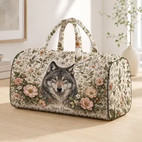 Gray Wolf and Blush Rose Travel Companion for Weekend Getaways and Nature Lovers Quilted Weekend Bag