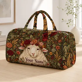 Floral Wreath Sheep For Autumn Travel, Country Market Days And Gifts For Animal Lovers Quilted Weekend Bag