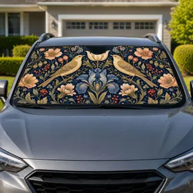 Pale Gold Songbirds And Midnight Floral Garden For Elegant Everyday Driving Style Car Sunshade