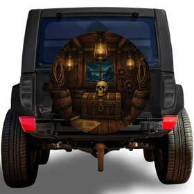 Pirate Ship Cabin Skull Treasure Chest Adventure Decor For RV Travel And Camping Spare Tire Cover