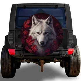 White Wolf With Autumn Maple Leaves For Wilderness Adventure RV SUV Truck Owners Spare Tire Cover