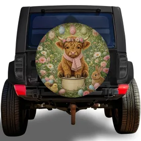 Easter Highland Cow Calf With Floral Crown For Spring Farmhouse Camping Road Trips Spare Tire Cover