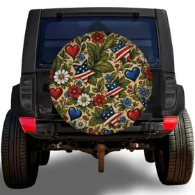Patriotic Floral Stars And Hearts For Fourth Of July RV Camping Road Trip Travel Spare Tire Cover