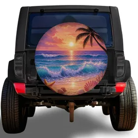 Coastal Sunset Ocean Waves And Seashells For Beach Road Trips RV Campers And SUVs Spare Tire Cover