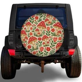 Red Spotted Mushroom Wildflower Meadow for Whimsical RV Camping and Woodland Travelers Spare Tire Cover