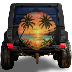 Tropical Beach Sunset Palm Scene For Coastal Road Trips And Island Travel Lovers Spare Tire Cover