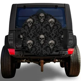 Gothic Skull And Acanthus Damask For Dark Alternative RV And Camper Travel Style Spare Tire Cover