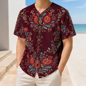 Maroon Folk Floral Pomegranate Tulip Motif For Heritage Sports And Casual Style Wear Baseball Jersey