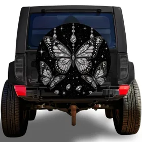 Black Silver Butterfly Crystal Drip Night Glamour for RV Trailer SUV Travel Lovers Spare Tire Cover