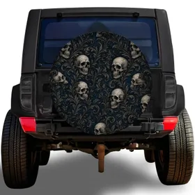 Gothic Skull And Acanthus Damask for Dark Alternative Road Trips and Halloween Camping Spare Tire Cover