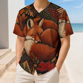 Sleeping Red Fox Autumn Woodland Patchwork Look for Fall Festivals and Cozy Outdoor Days Baseball Jersey