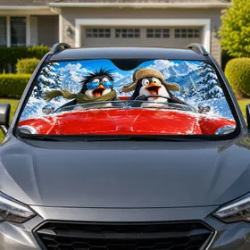 Funny Penguins In Red Convertible On Snowy Mountain Road Trip Gift For Adventure Lovers Car Sunshade
