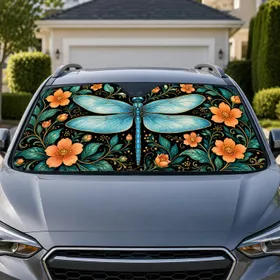 Blue Dragonfly And Orange Floral Decor For Elegant Everyday Vehicle Interior Style Car Sunshade